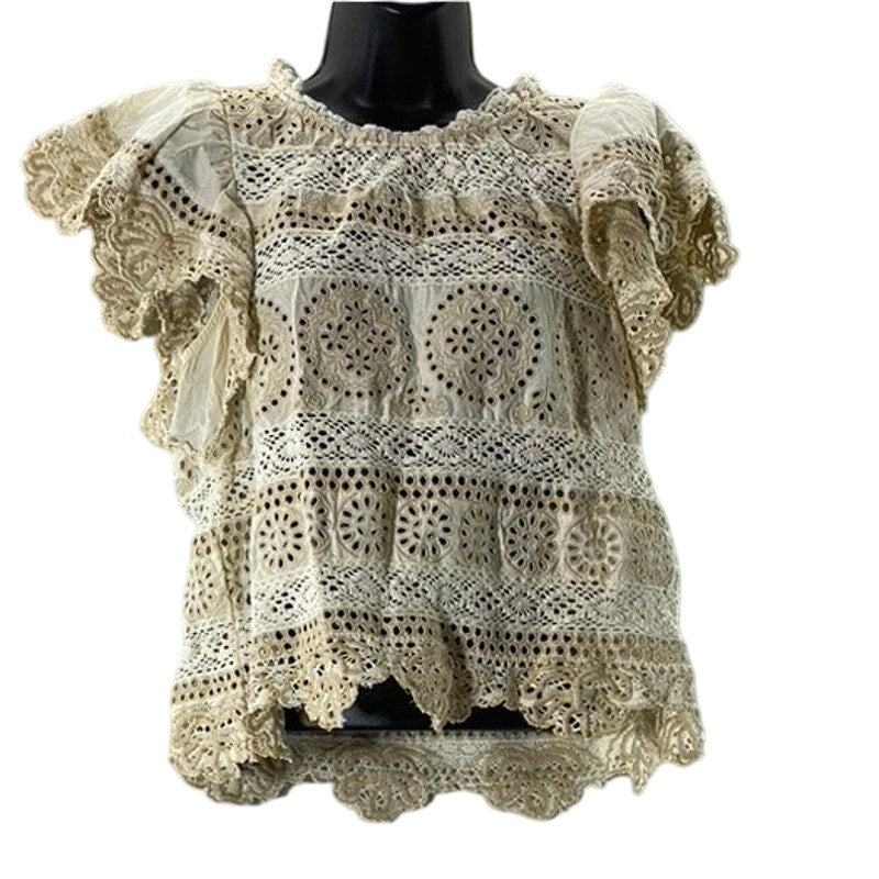 SEA NEW YORK Women's Beige/Cream Evie Eyelet Lace Flutter Short Sleeve Top SZ S