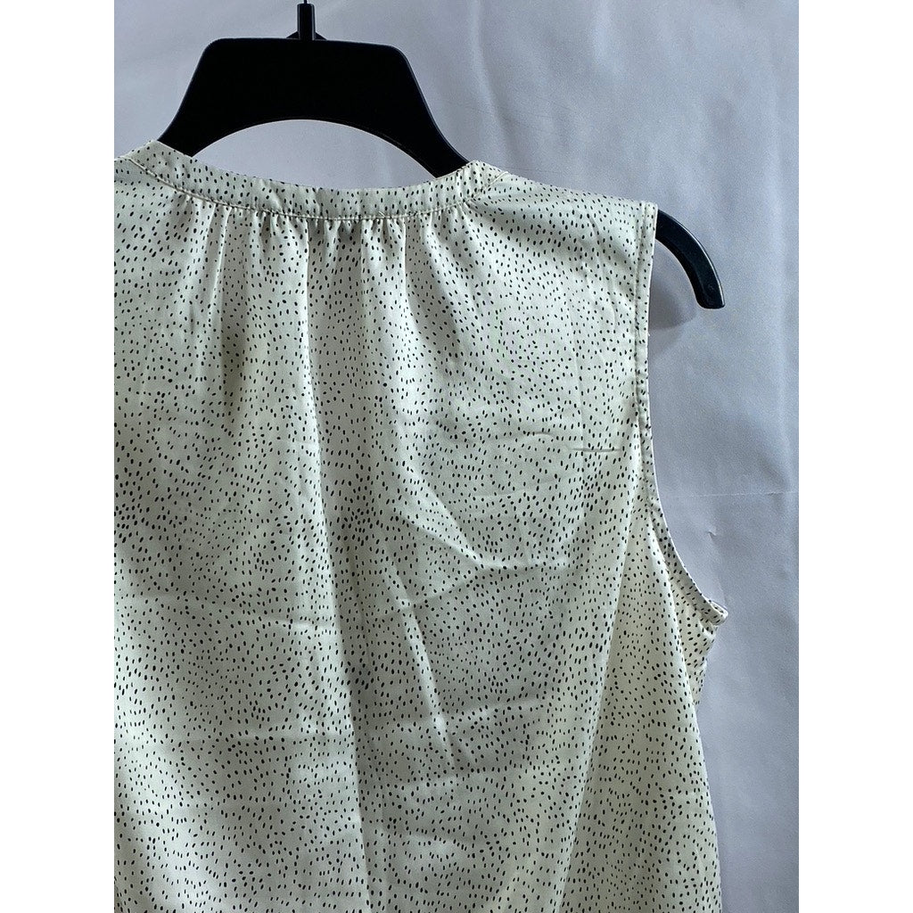 LOFT Women's White-Black Micro Dot Crewneck Button-Up Sleeveless Top SZ S