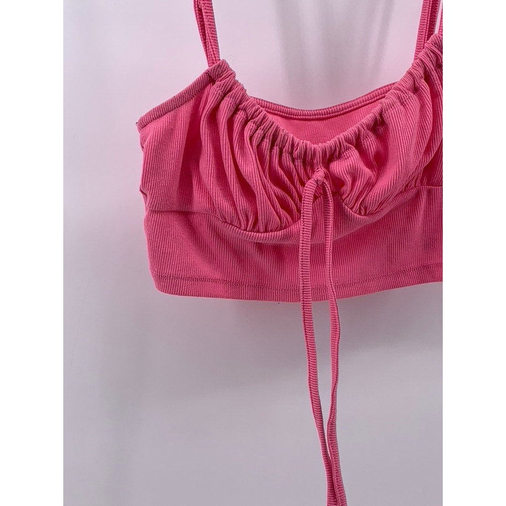 UNBRANDED Women's Pink Ribbed Ruched Spaghetti Strap Cropped Top SZ S