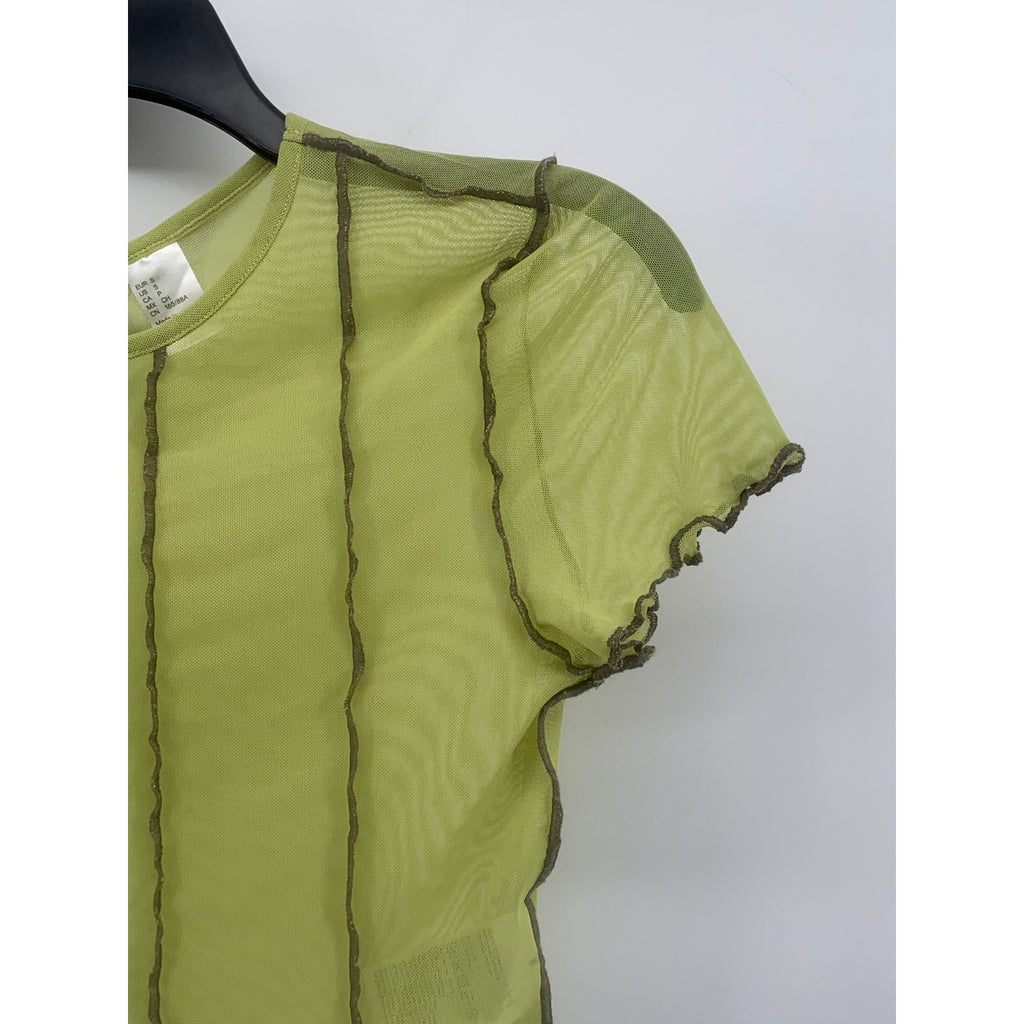 DIVIDED By H&M Women’s Green Lettuce Edge Stripe Crewneck Mesh Crop Top SZ S