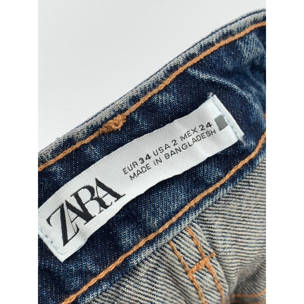 ZARA Women's Dark Blue High-Rise Straight-Leg Regular-Fit Five-Pocket Jeans SZ 2