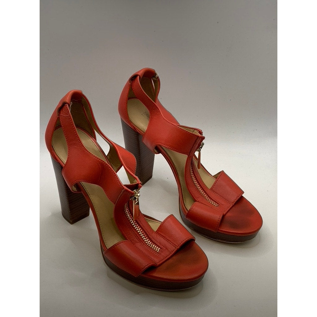 MICHAEL KORS Women's Red Coral Leather Berkley T-Strap Platform Heels SZ 7