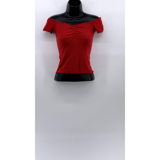 HOLLISTER Women's Red Lettuce-Trim Off-The-Shoulder Casual Short Sleeve Top SZ S