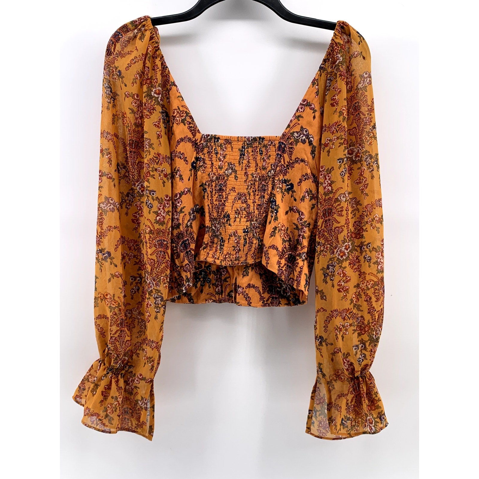 URBAN OUTFITTERS Women's Orange Floral Printed Bell Long Sleeve Top SZ S