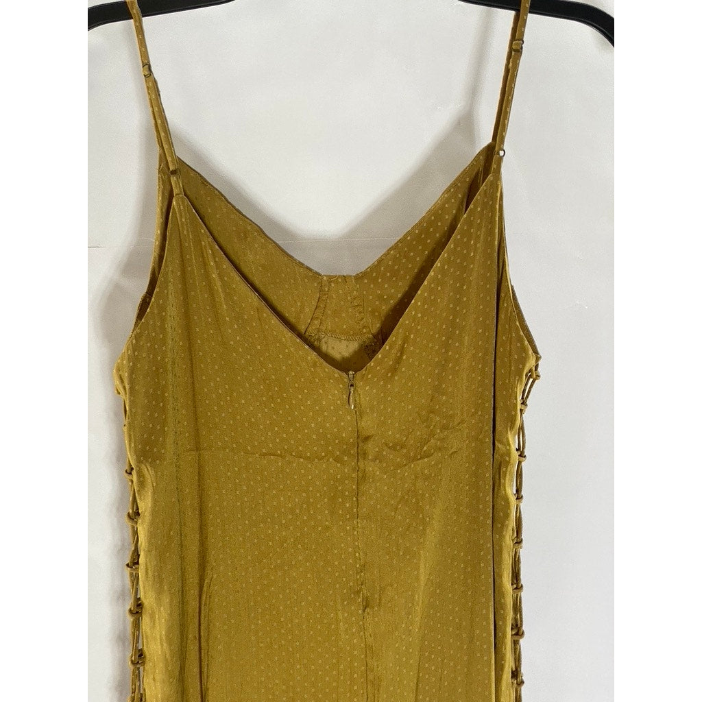 SIMPLE RETRO Women's Gold Micro Dot Print V-Neck Side Slit Midi Dress SZ S