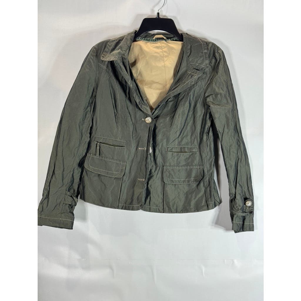 LUCIANO BARBERA Women's Army Green Metallic Waxed Utility Military Jacket SZ 44