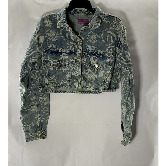 EDIKTED Women's Blue Malia Print Denim Long Sleeve Button-Up Cropped Jacket SZXS