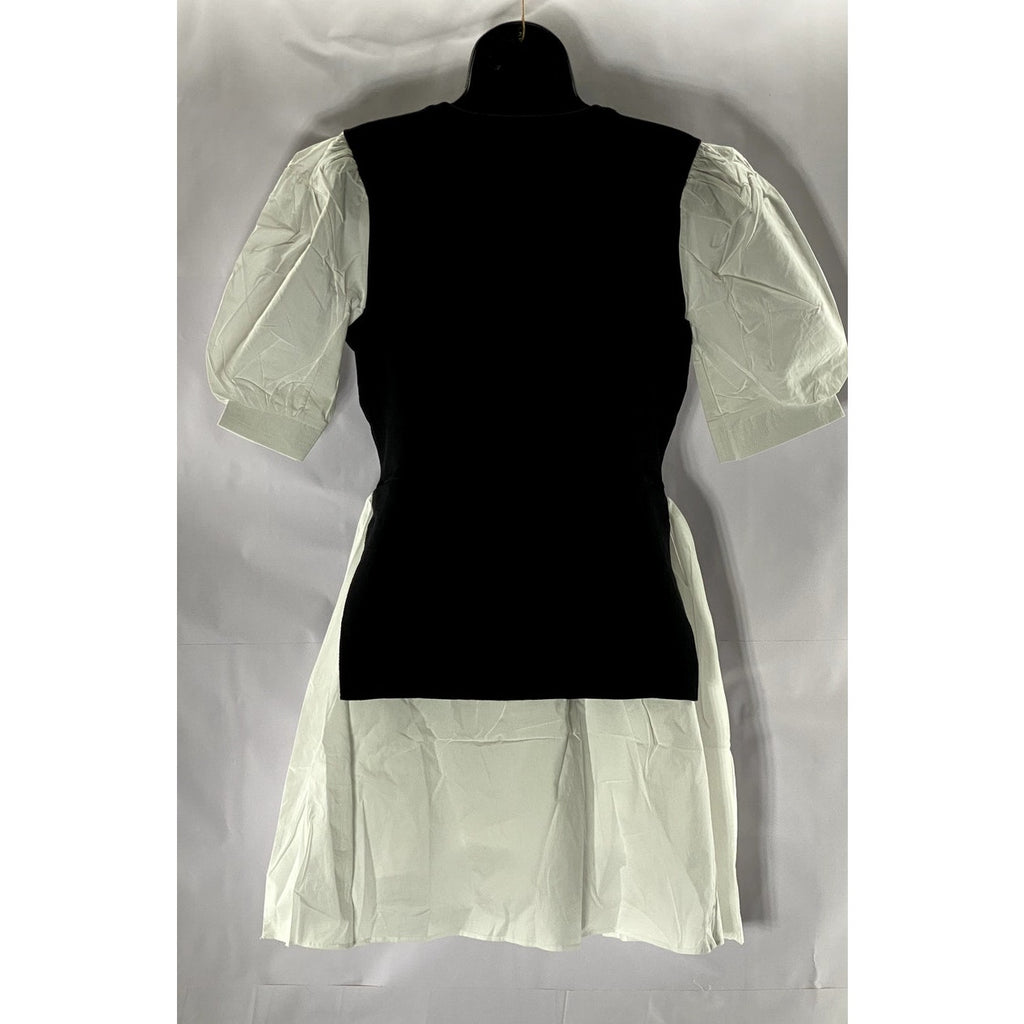 ENGLISH FACTORY Women's Black/White Short Puff Sleeve Poplin Mini Dress SZ L