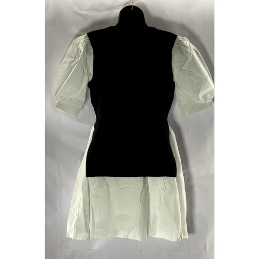 ENGLISH FACTORY Women's Black/White Short Puff Sleeve Poplin Mini Dress SZ L