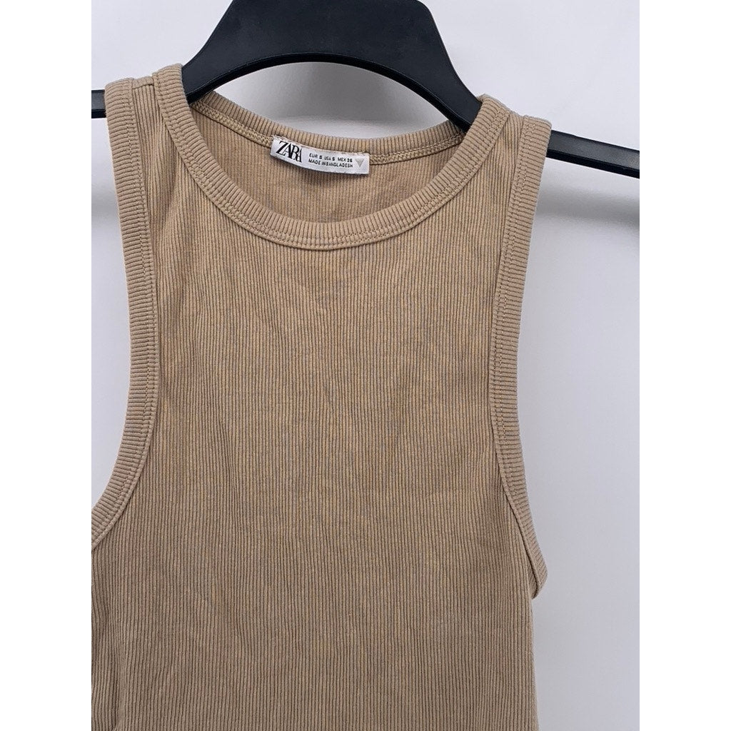 ZARA Women's Tan Rib Knit Casual Crewneck Sleeveless Cropped Top SZ S