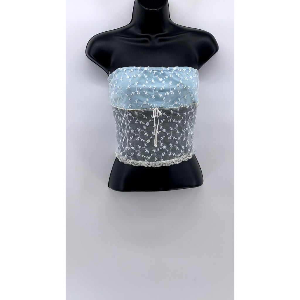 UNBRANDED Women’s Light Blue Mesh Embroidered Strapless Crop Top SZ S