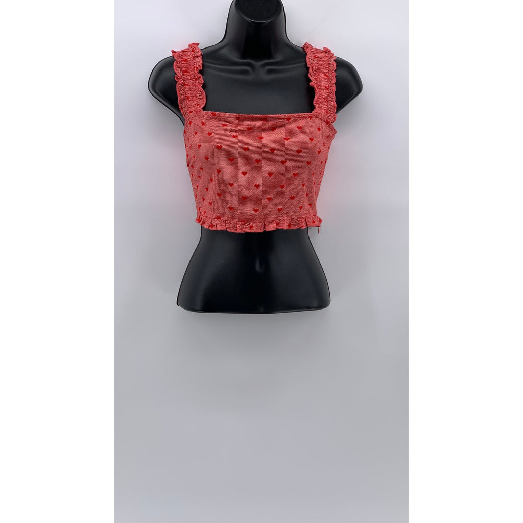 CIDER Women's Red Embroidered Heart Straight-Neck Ruffle Sleeve Crop Top SZ L(8)