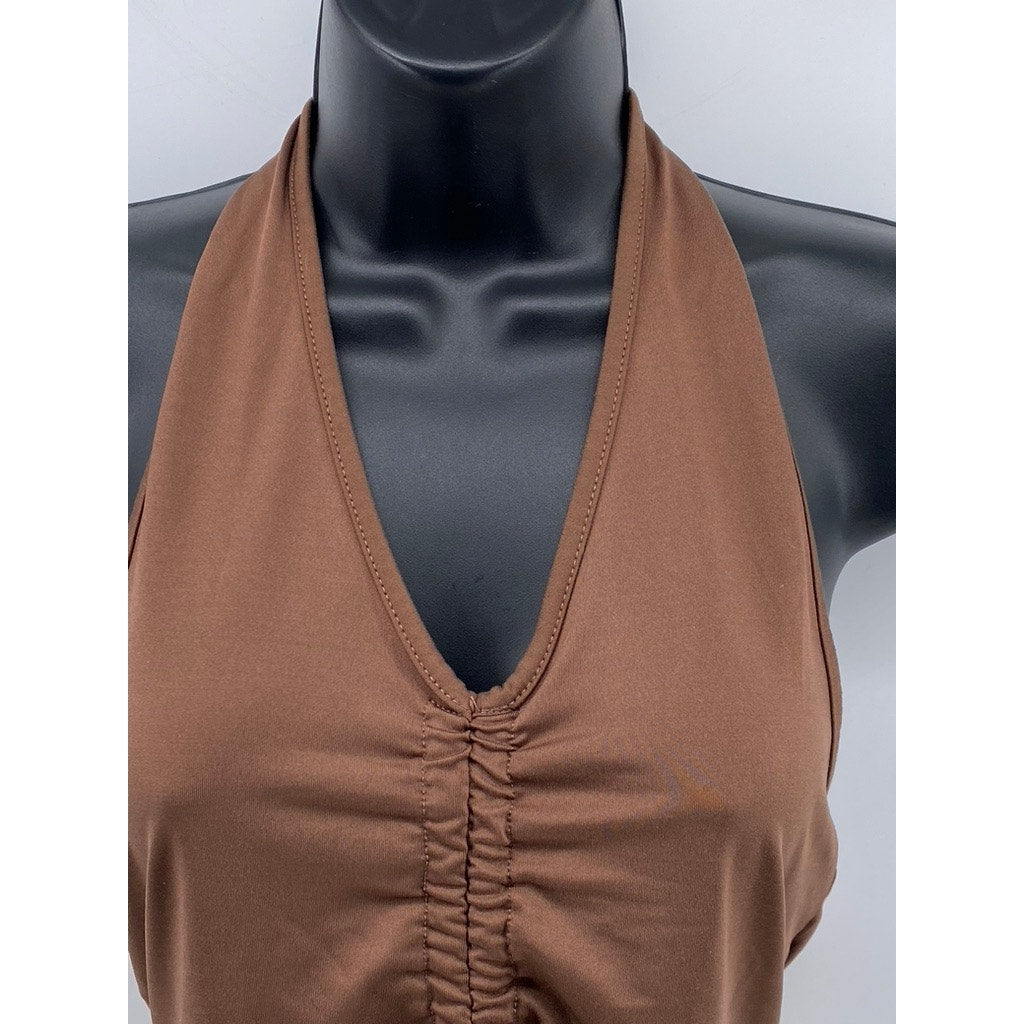 SHEIN Women's Brown Ruched Flirla Asymmetrical Hem Halter Crop Tank Top SZ 4