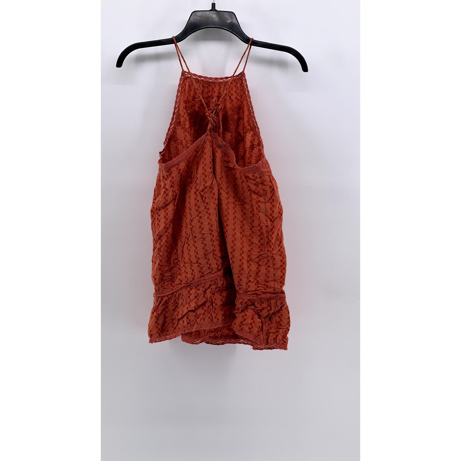 ATTIC SALT Women's Orange Square Print Embroidered Lace-Trim Sleeveless Top SZ S