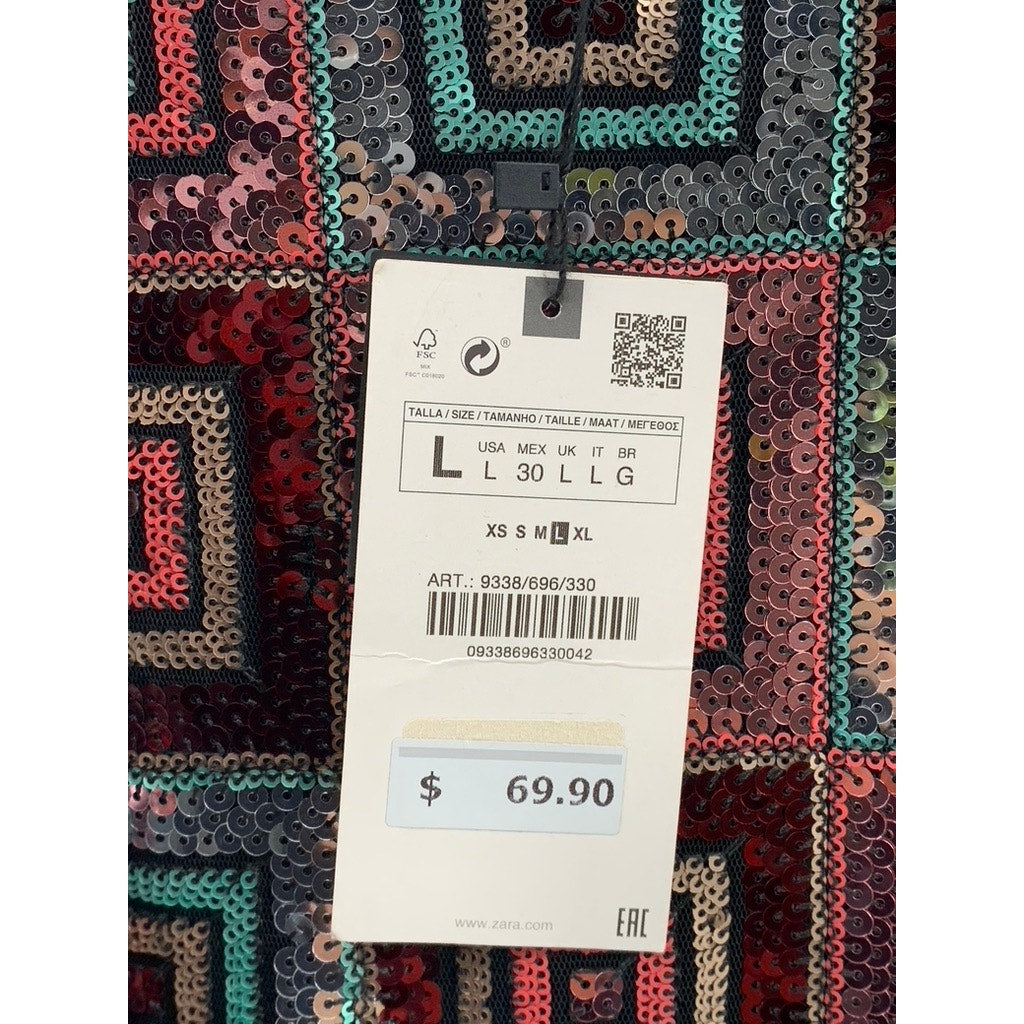 ZARA Women's Black-Multicolor Sequin V-Neck Double-Strap Mini Dress SZ L