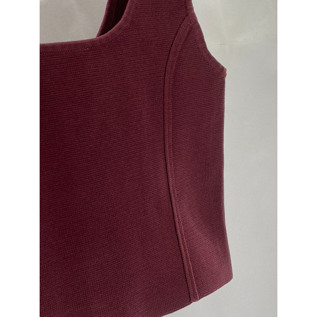 ZARA Women's Burgundy Textured Square-Neck Thick Strap Fitted Crop Top SZ S