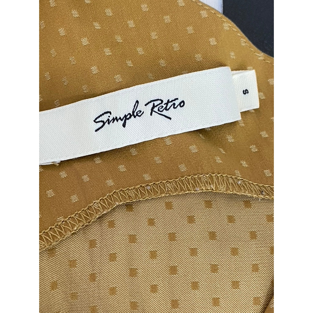 SIMPLE RETRO Women's Gold Micro Dot Print V-Neck Side Slit Midi Dress SZ S