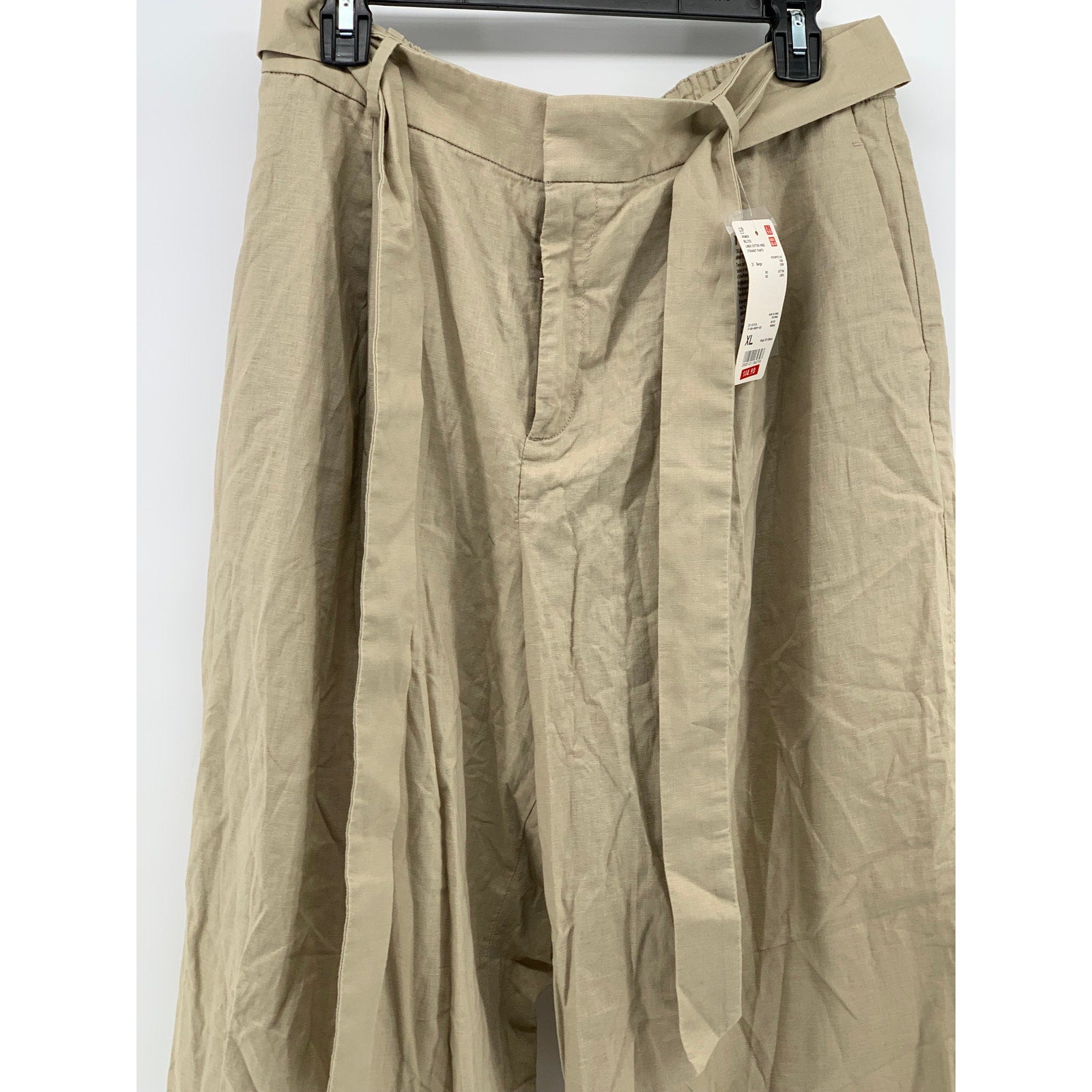 UNIQLO Women's Beige Linen Cotton Wide-Leg Belted Relaxed Fit Pant SZ XL