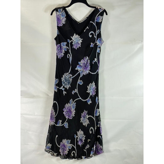 UNBRANDED Women's Black/Blue Floral Sheer V-Neck Sleeveless Midi Dress SZ S