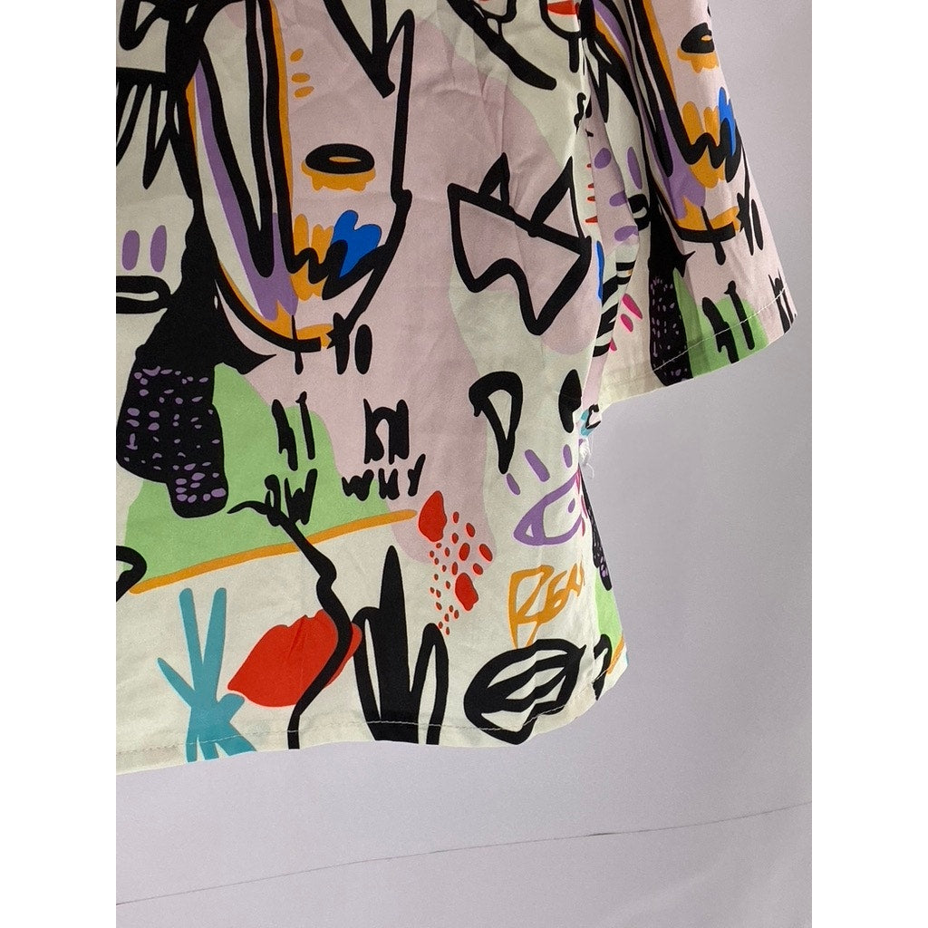 SHEIN Women's White/Multi Graffiti Graphic Button-Up Short Sleeve Crop Top SZ S