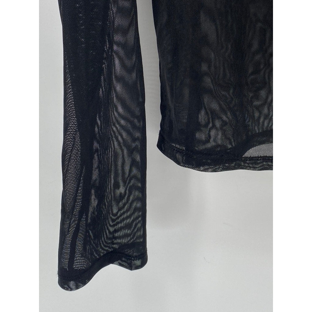 SUGAR RAIN Women’s Black Sheer Button-Up Long Sleeve Top SZ XL