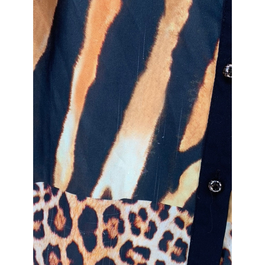 GENESE Women's Black-Brown Animal Print Long Sleeve Button-Up Top SZ 2