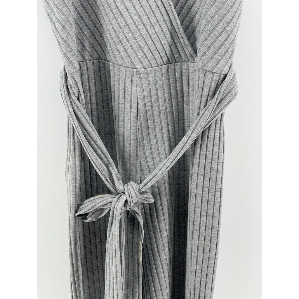 MNG Women's Gray Ribbed V-Neck Sleeveless Belted Jumpsuit SZ S