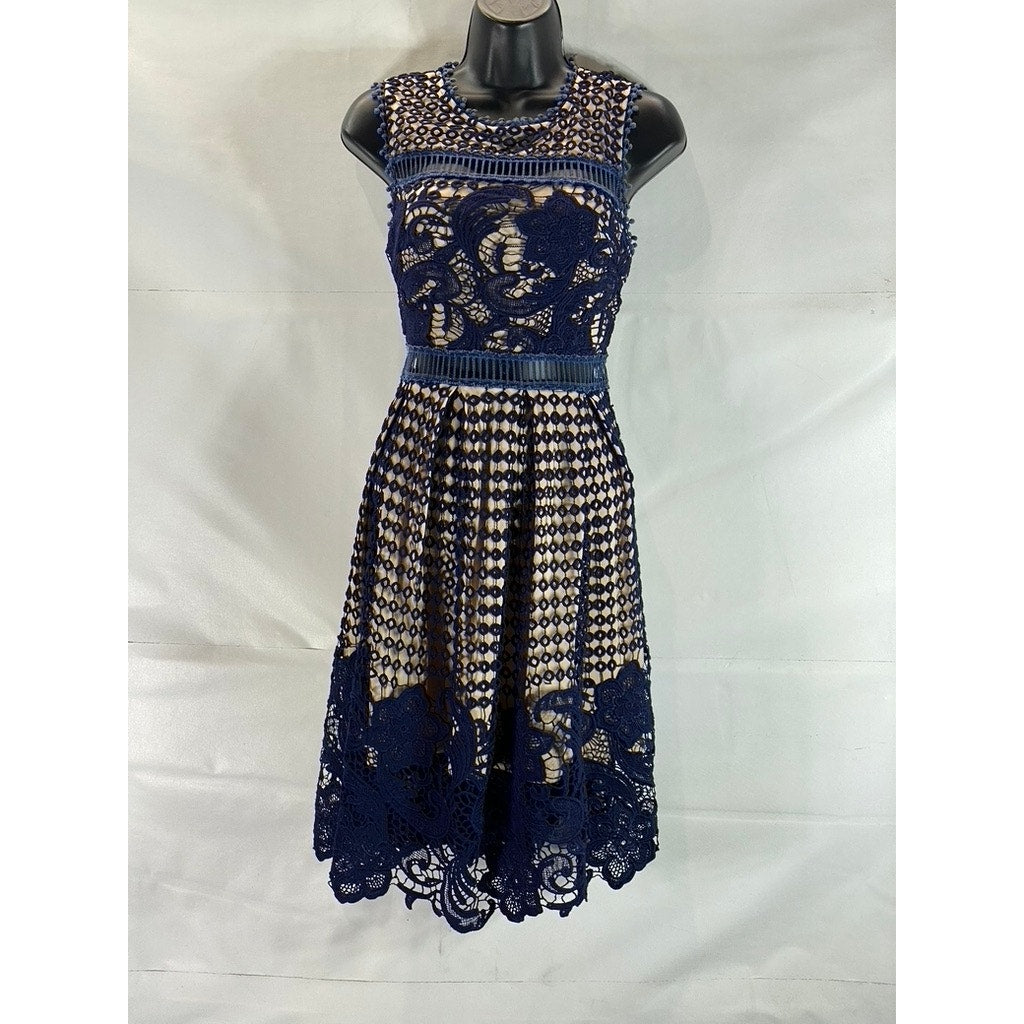 AQUA Women's Navy/Nude Eyelet Lace-Trim Sleeveless A-Line Mini Dress SZ S