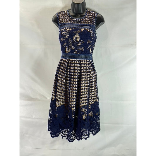 AQUA Women's Navy/Nude Eyelet Lace-Trim Sleeveless A-Line Mini Dress SZ S