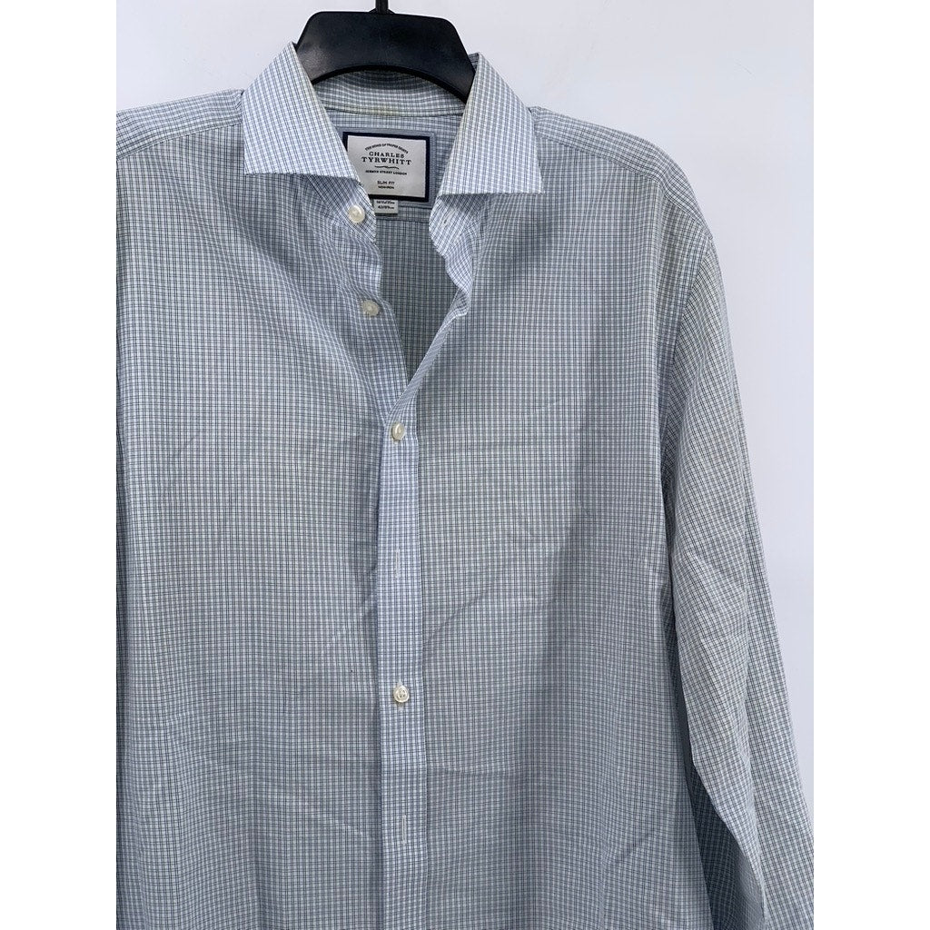 CHARLES TYRWHITT Men's Blue Gingham Slim-Fit Button-Up Shirt SZ 16.5