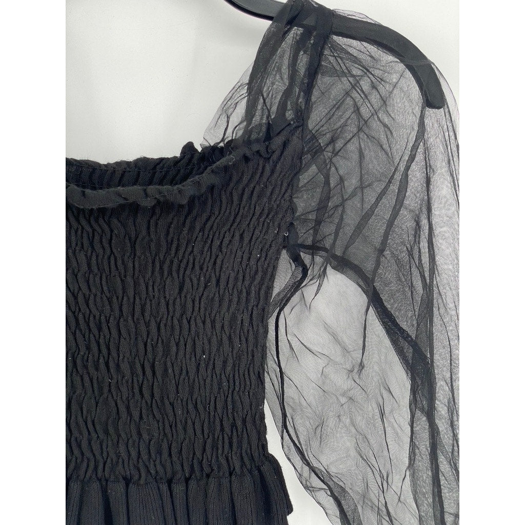 UNBRANDED Women’s Black Mesh Balloon Long Sleeve Smocked Crop Top SZ XS