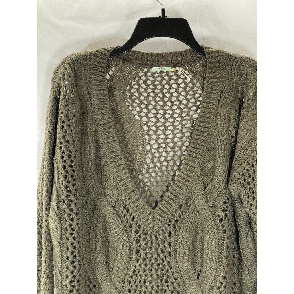 KIMCHI BLUE Women's Brown Crochet Knit V-Neck Long Sleeve Pullover Sweater SZ S