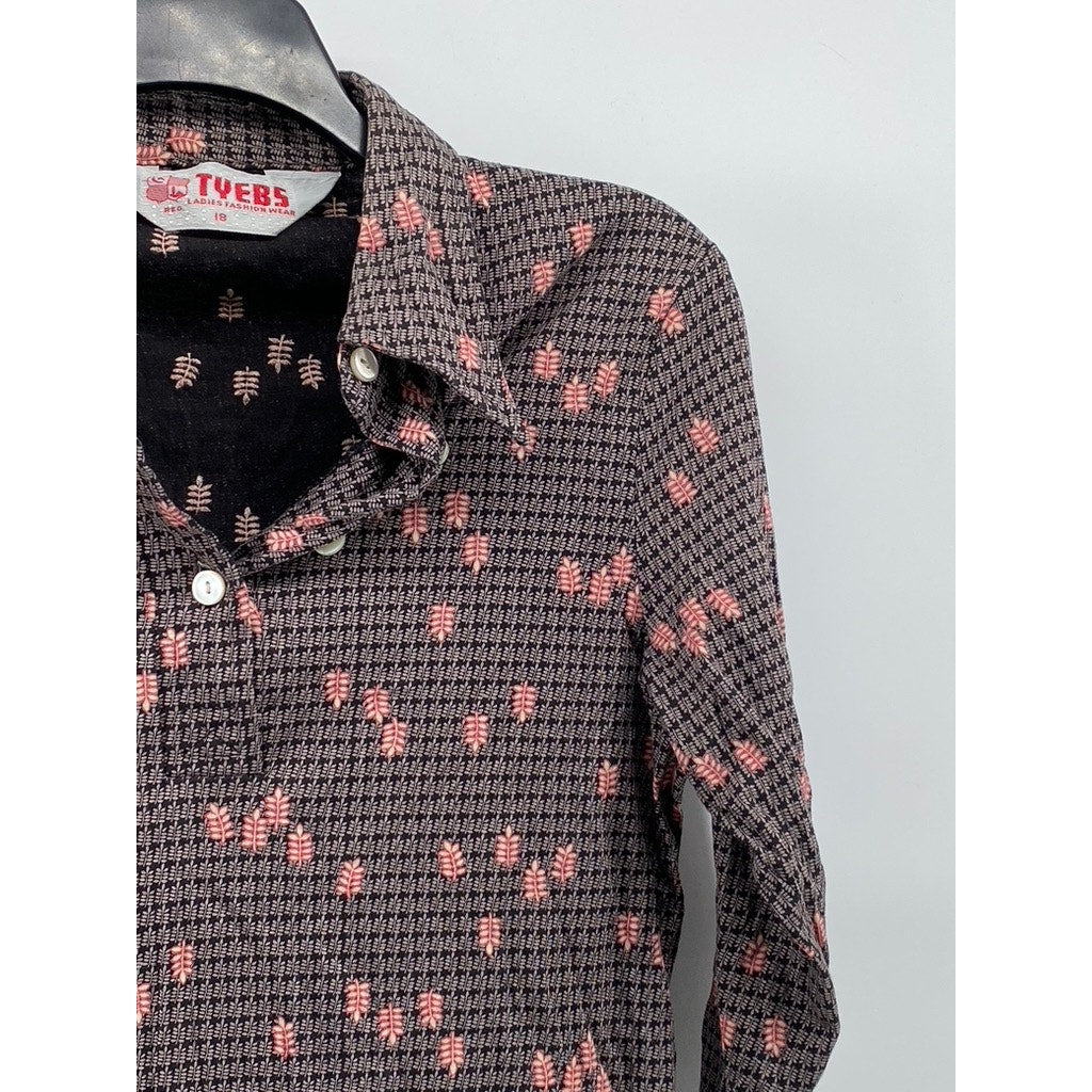 TYEBS Women's Vintage Brown Floral Button-Down Long Sleeve Top SZ 18