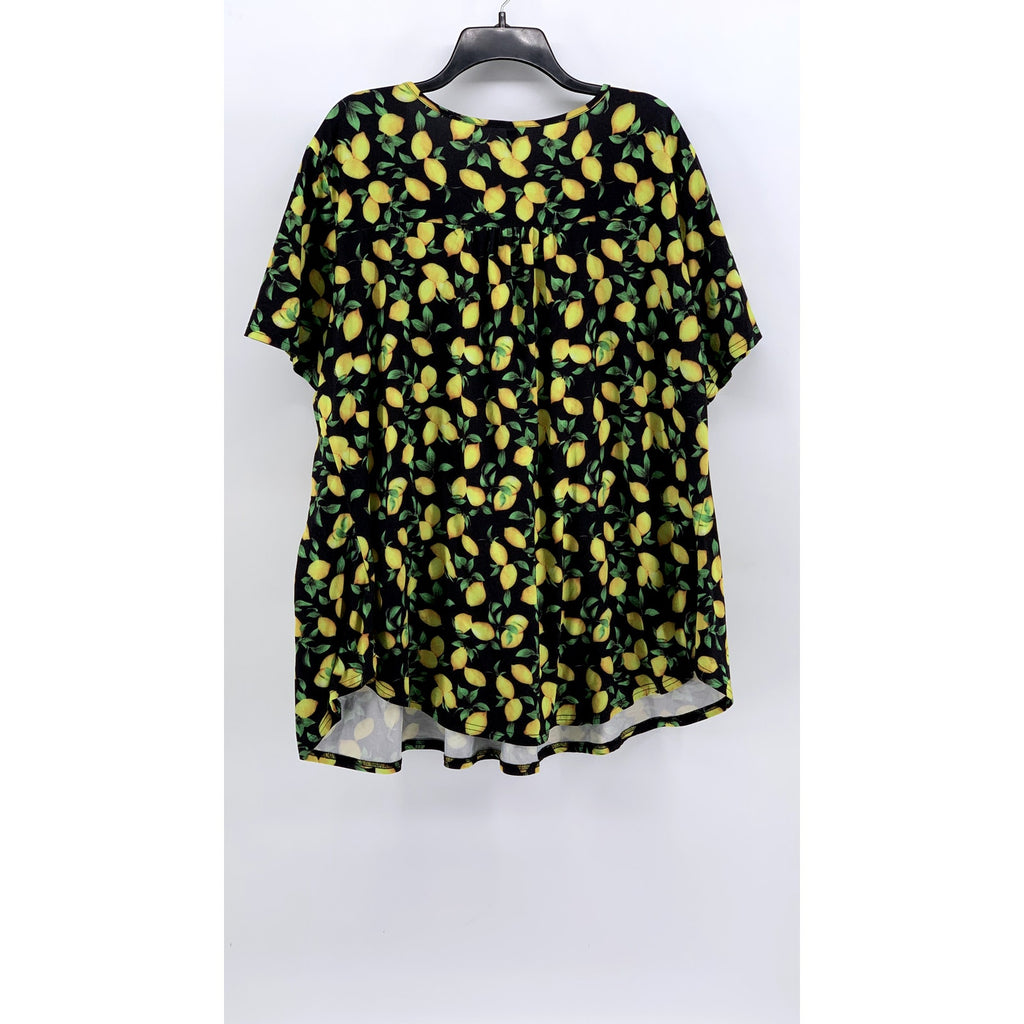 ALLEGRACE Women's Plus Black-Yellow Lemon Printed Short Sleeve Top SZ 3X