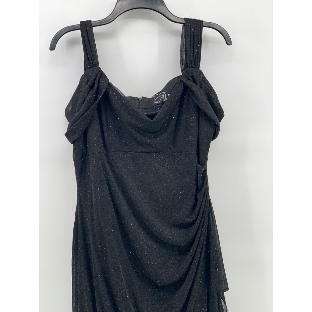 ALEX EVENINGS Women's Petite Black Shimmer Cold-Shoulder Draped Dress SZ 14P