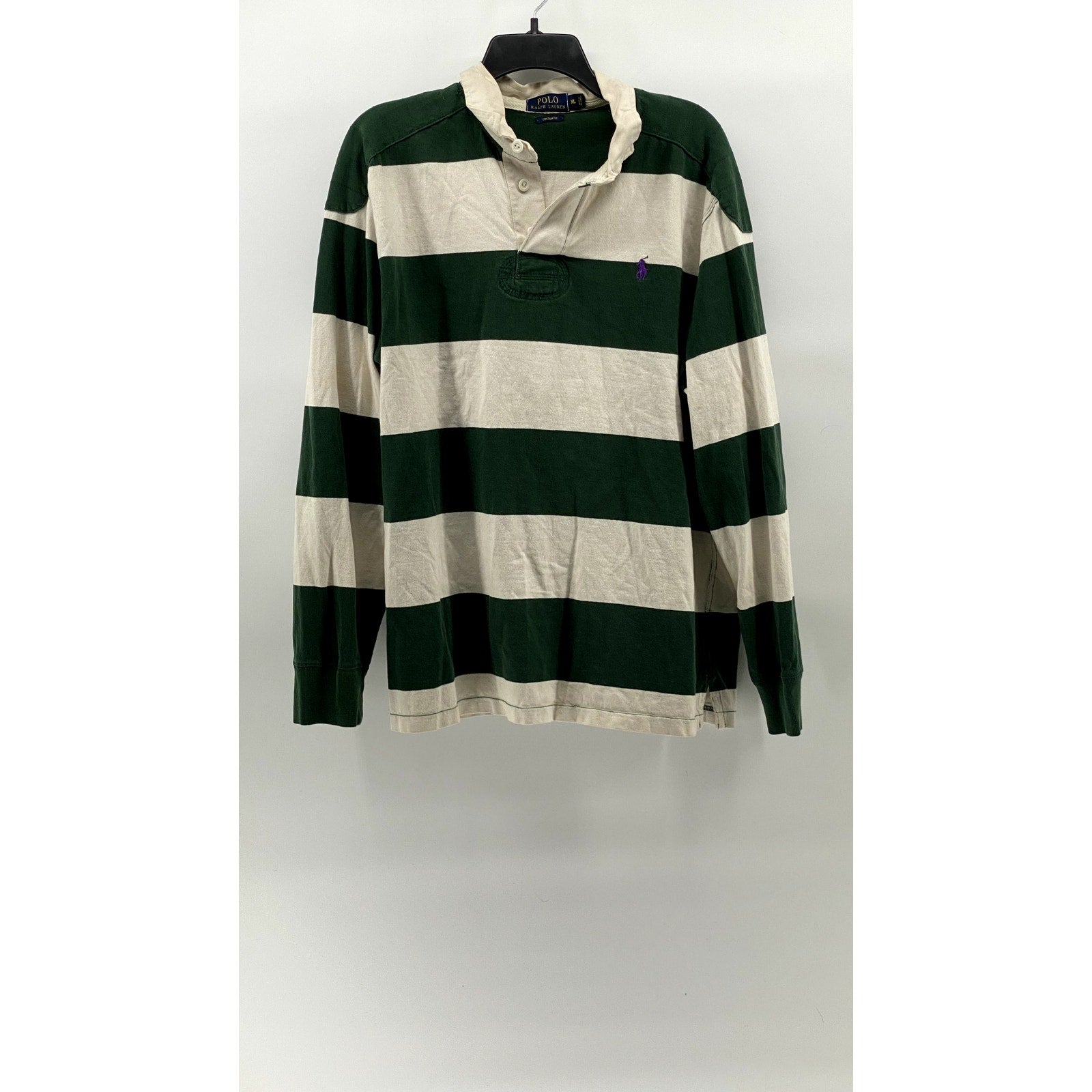 POLO RALPH LAUREN Men's Green-White Striped Custom Fit Rugby Polo Shirt SZ XL