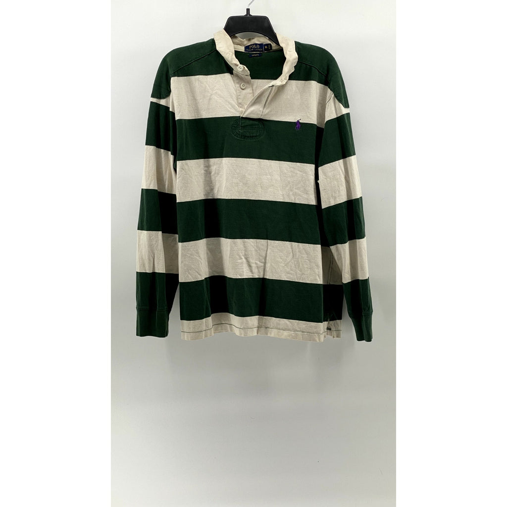 POLO RALPH LAUREN Men's Green-White Striped Custom Fit Rugby Polo Shirt SZ XL
