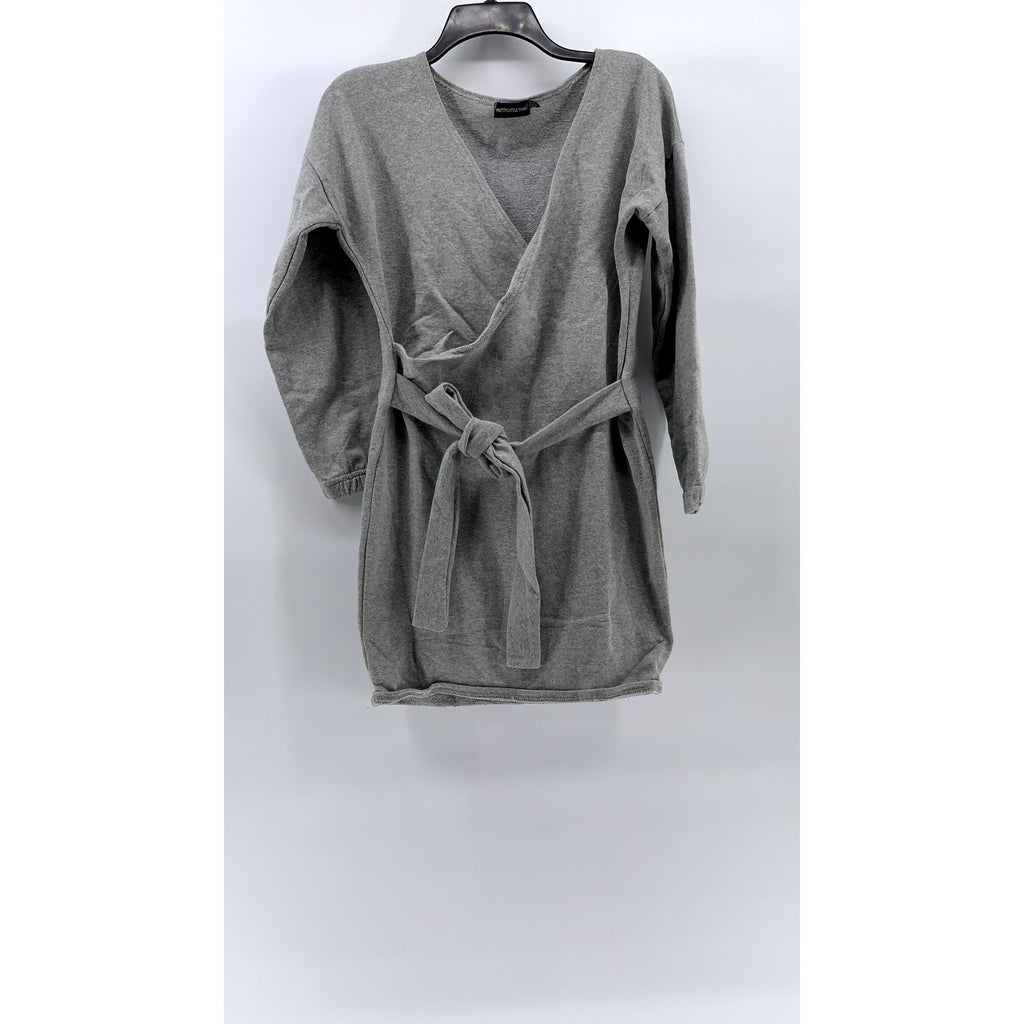 PRETTYLITTLETHING Women's Gray Long Sleeve Faux-Wrap Belted Sweater Dress SZ 4