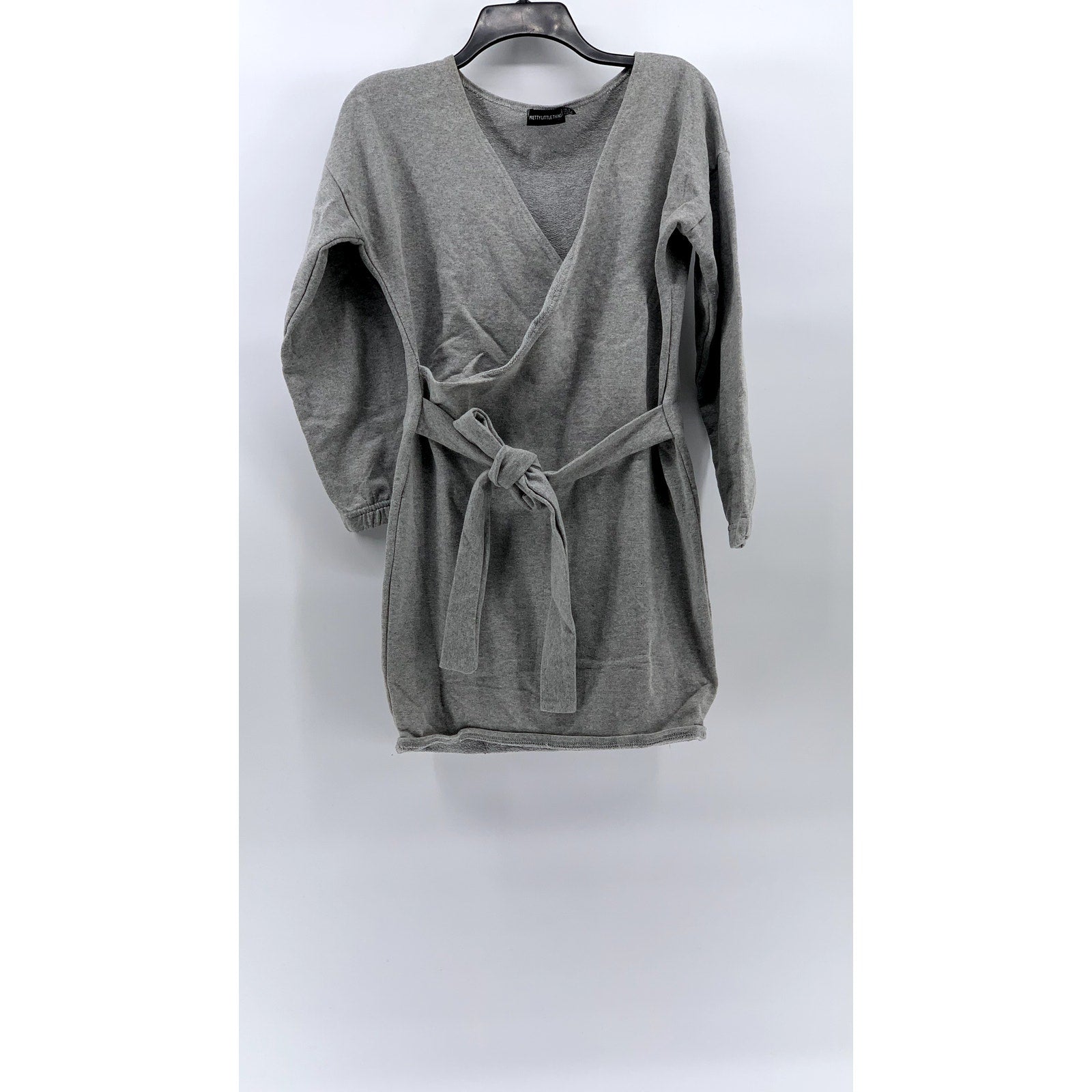 PRETTYLITTLETHING Women's Gray Long Sleeve Faux-Wrap Belted Sweater Dress SZ 4