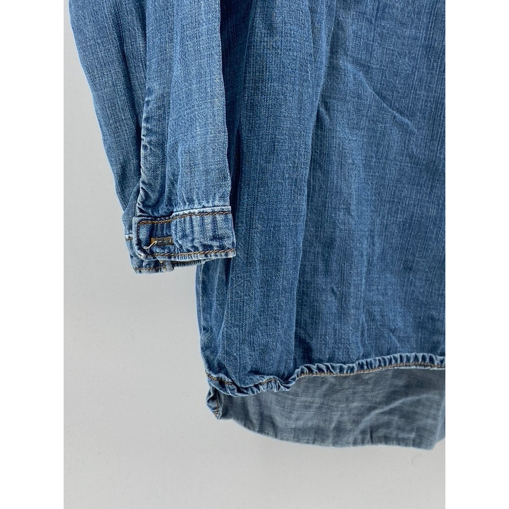 CLOTH & STONE Women's Blue Denim Collarless Long Sleeve Split-Neck Top SZ S