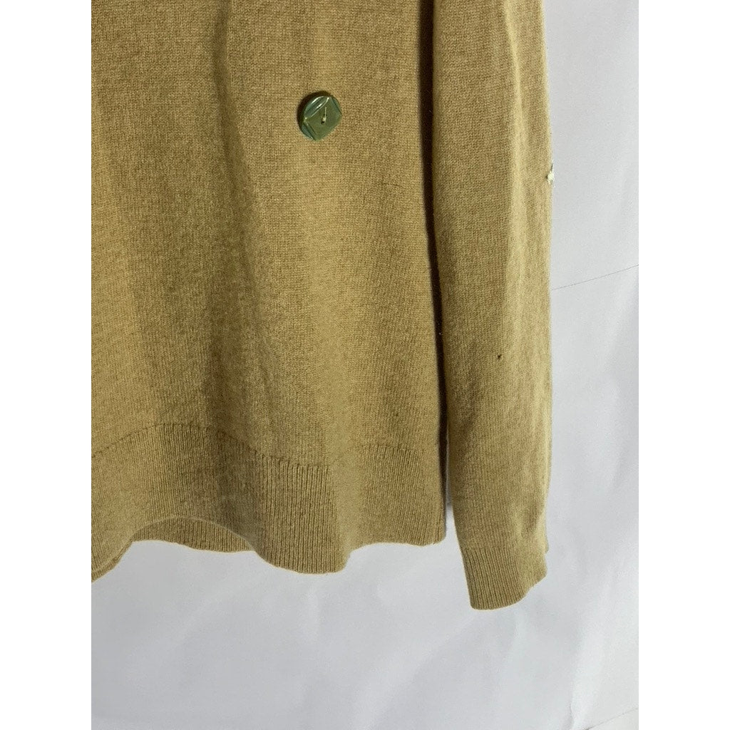 FLORAL AVE Women's Tan Cashmere Patch/Button Design Button-Up Cardigan SZ S