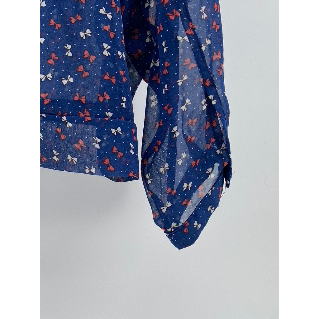 COTTON CANDY Women's Blue Mini Bow Print Button-Up Long Sleeve Sheer Top SZ M