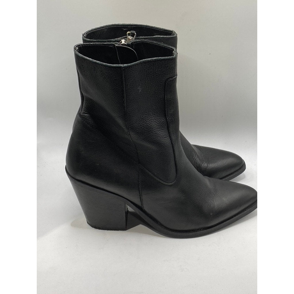 MNG Women's Black Leather Almond Toe Block-Heel Mid-Calf Boots SZ 41(US11)