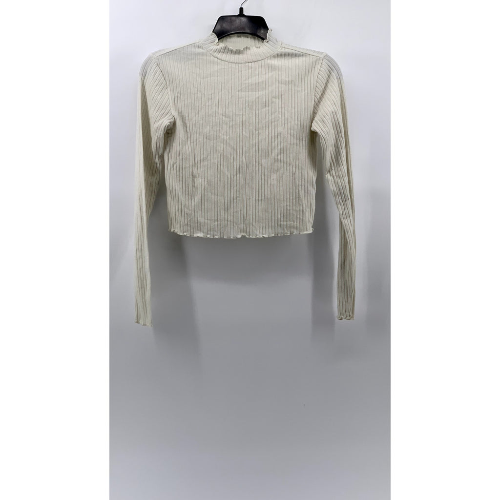 BP. Women's White Ribbed Lettuce-Trim Mock-Neck Crop Top SZ XS