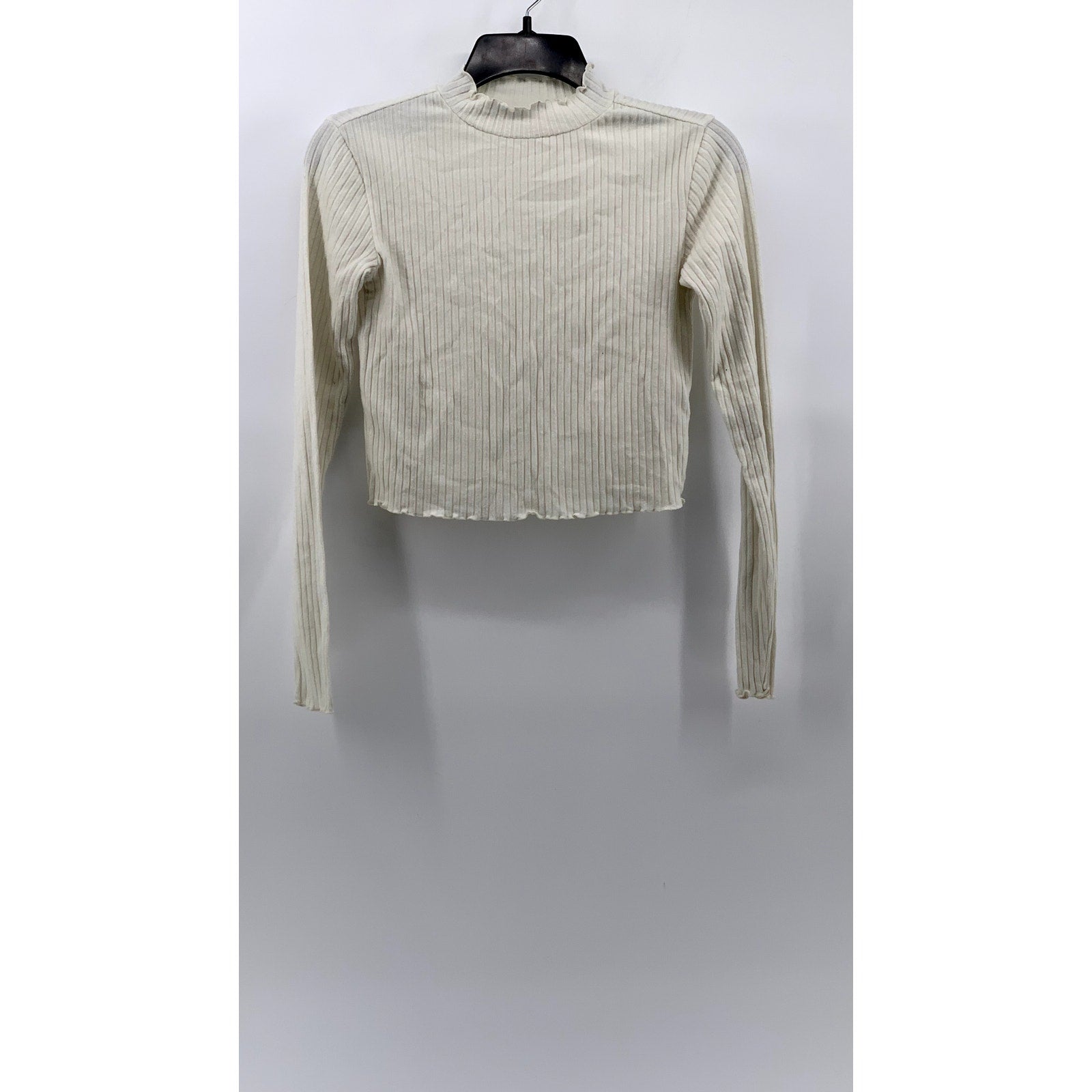 BP. Women's White Ribbed Lettuce-Trim Mock-Neck Crop Top SZ XS