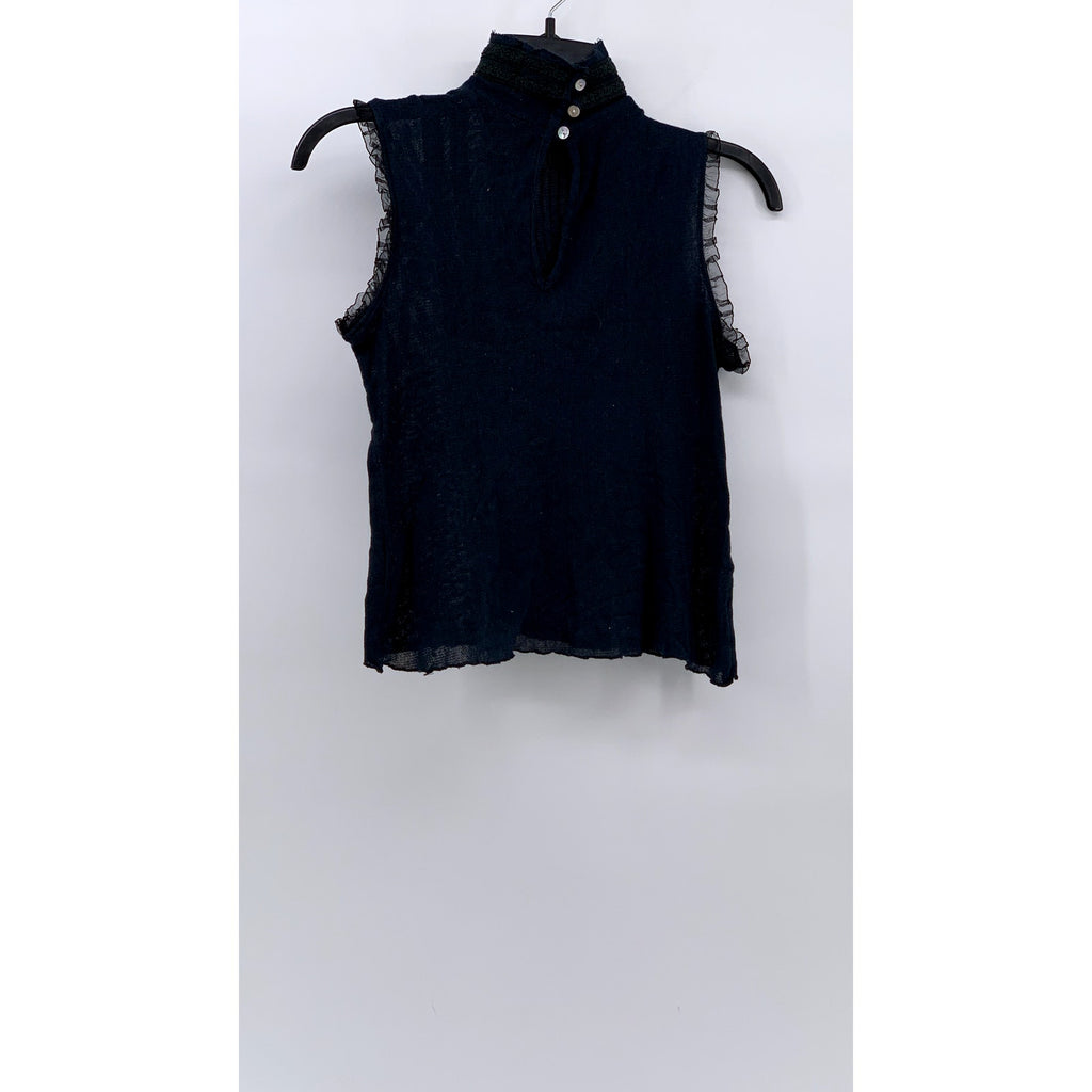UNBRANDED Women's Navy Blue Sheer Ruffle Trim Lace Mock-Neck Top SZ S