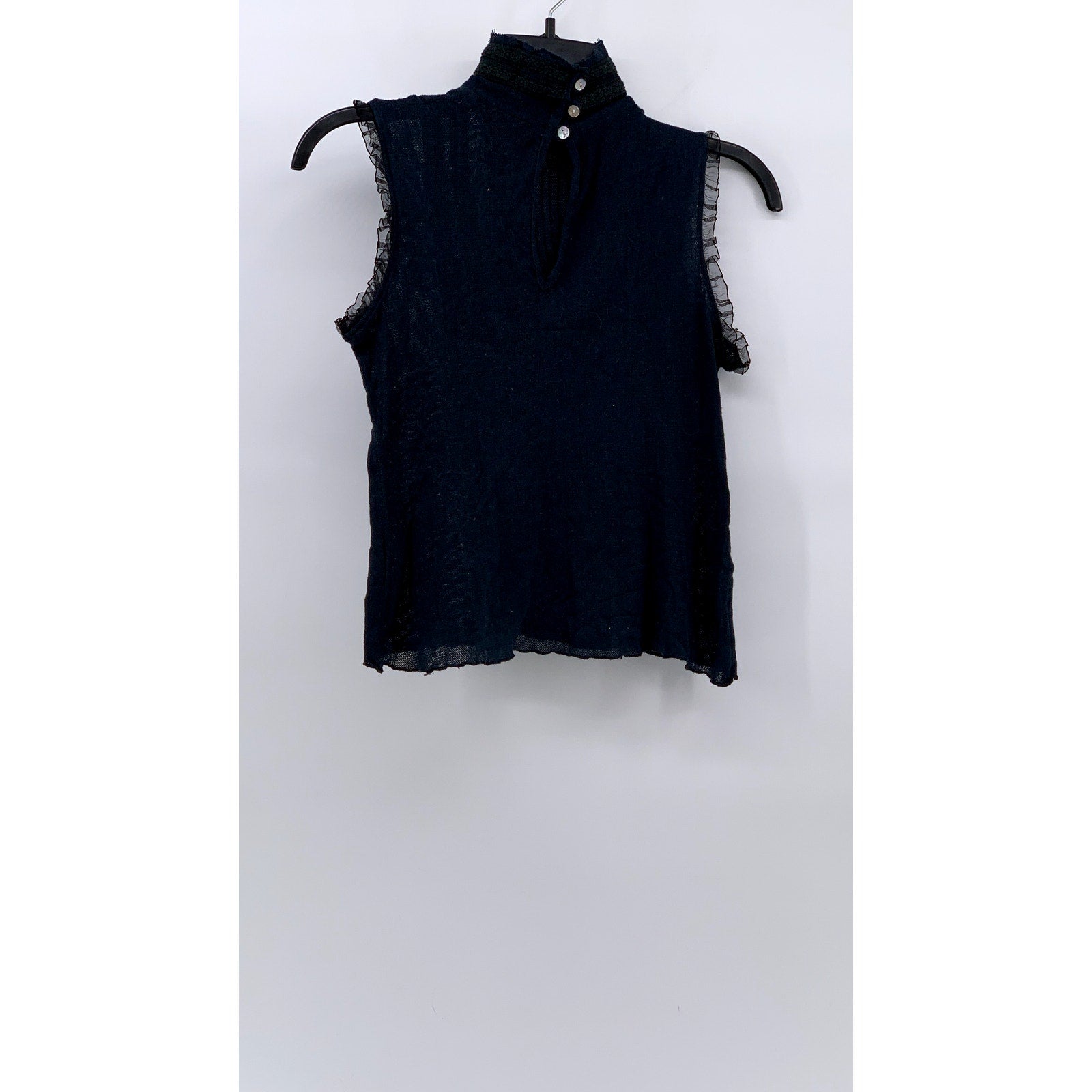 UNBRANDED Women's Navy Blue Sheer Ruffle Trim Lace Mock-Neck Top SZ S