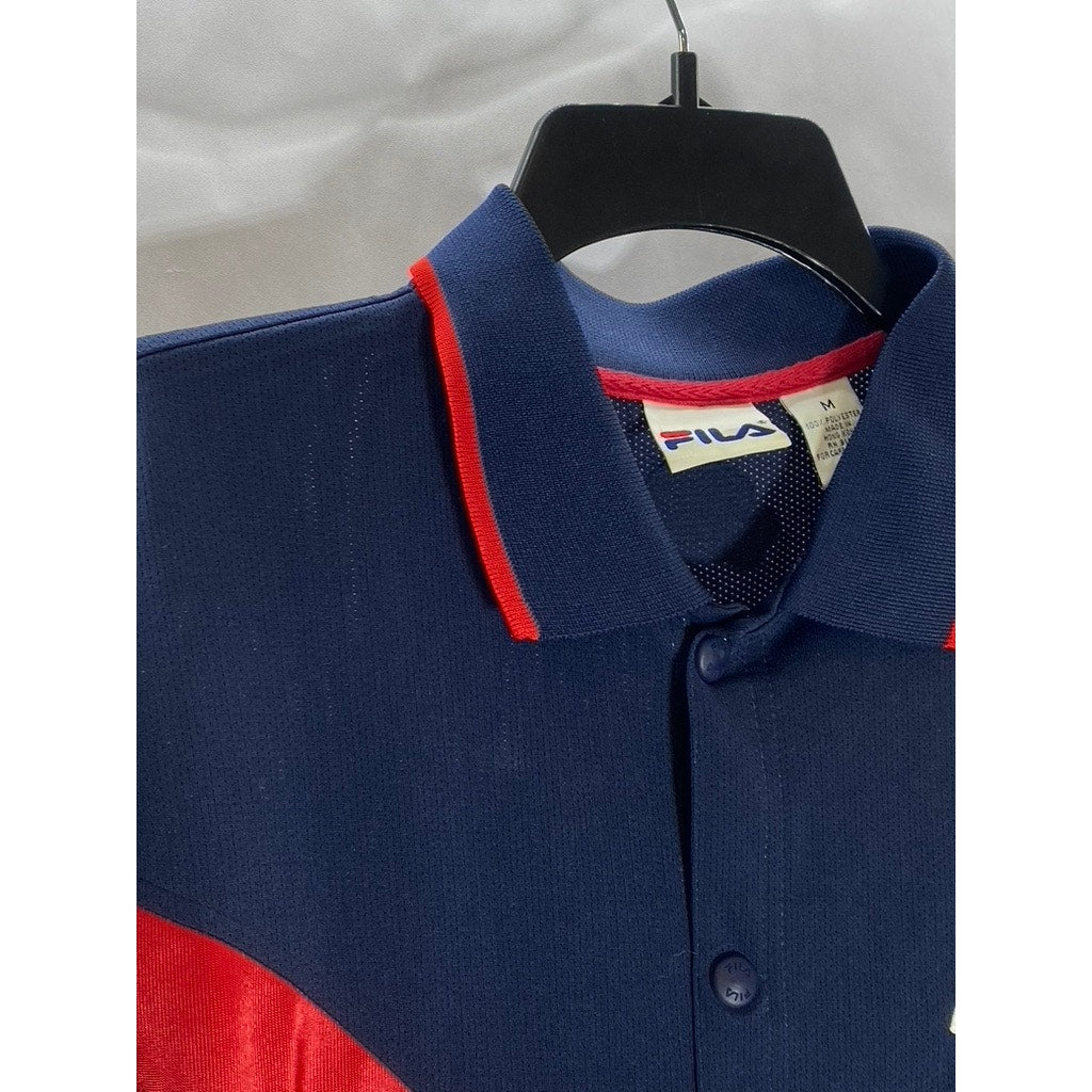 FILA Men’s Vintage Red-Navy-White Short Sleeve Button-Up Jersey Shirt SZ M