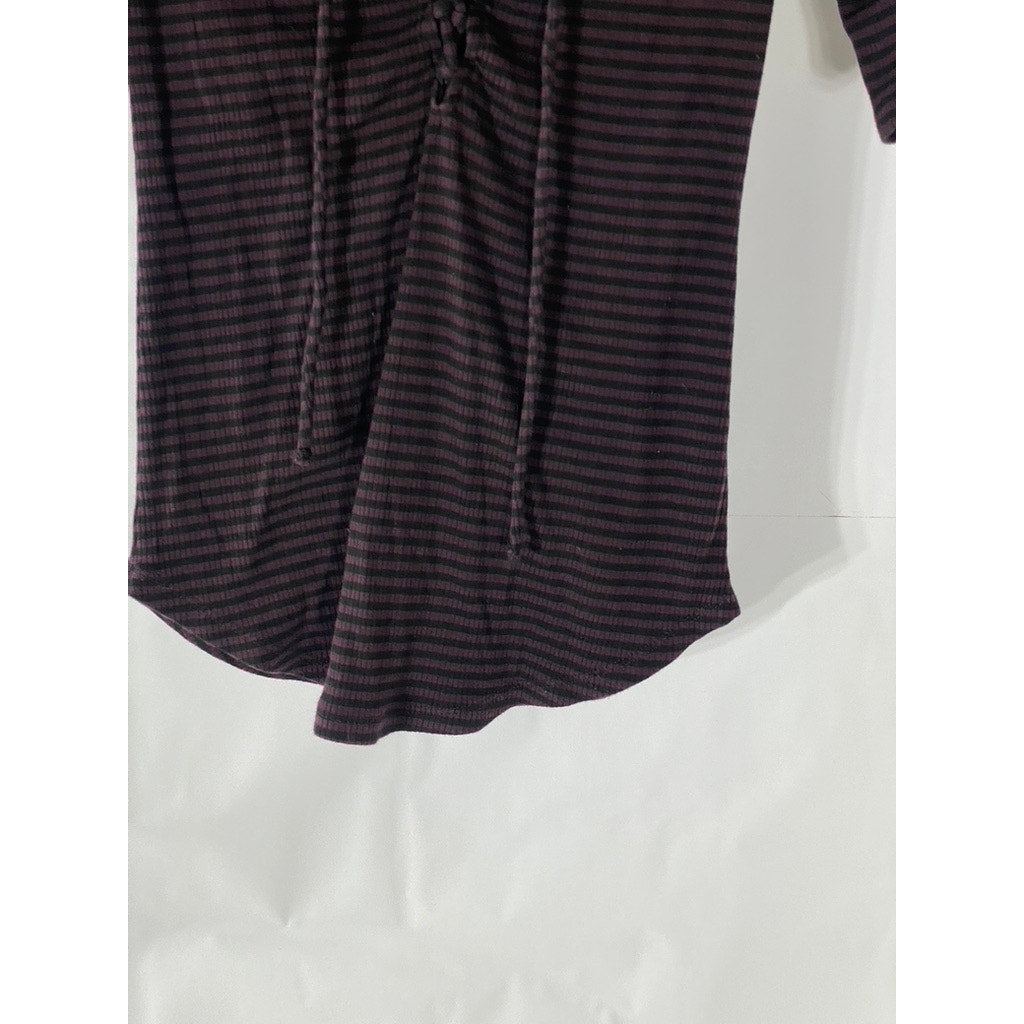 WE THE FREE Women’s Purple-Black Striped V-Neck Lace-Up 3/4 Sleeve Top SZ M