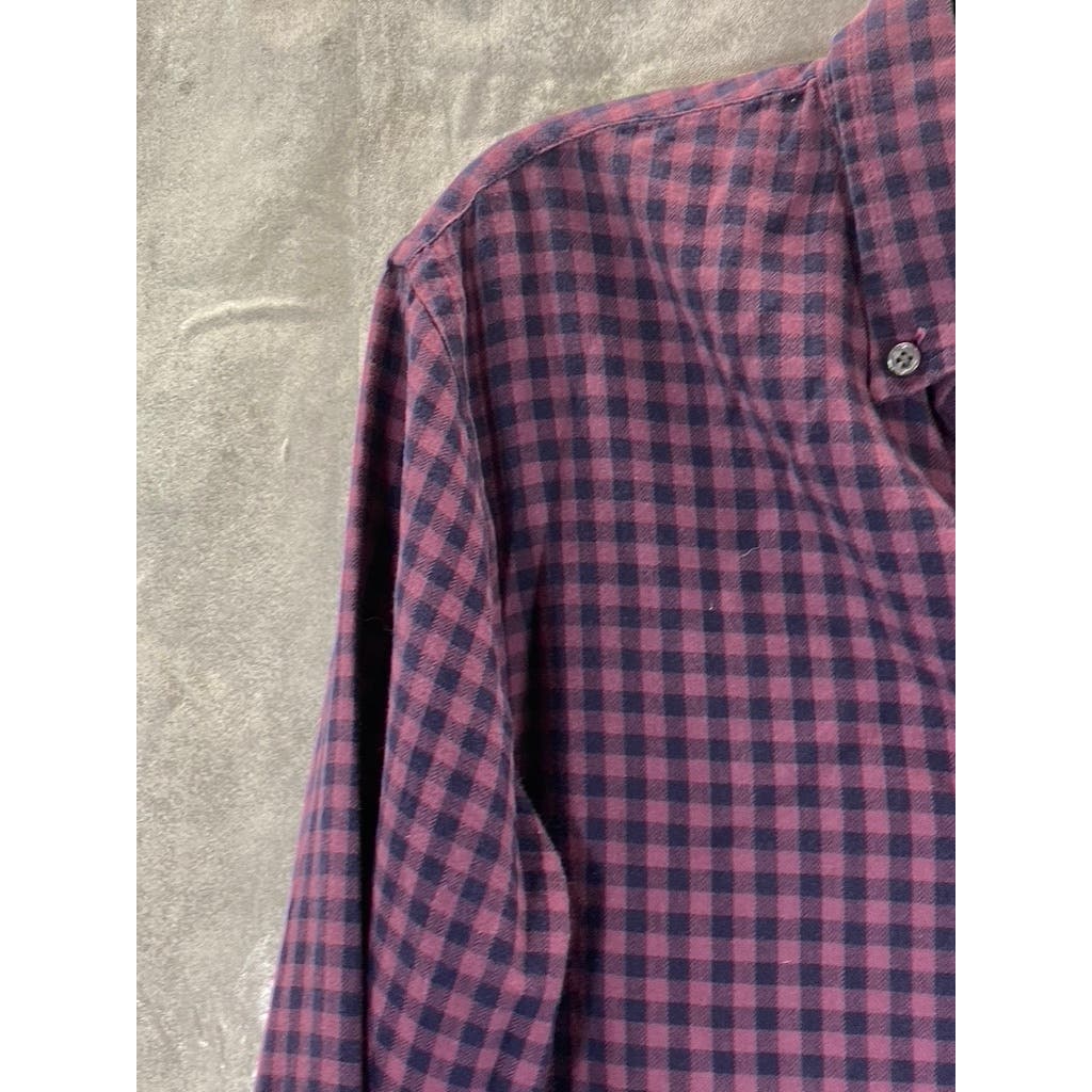 CLUB MONACO Men's Burgundy Gingham Slim-Fit Button-Up Long Sleeve Shirt SZ S